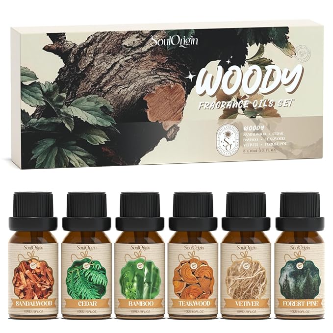 Soulorigin Woody Essential Oils Set, Fragrance Oil Set for Diffuser, Scent Diffuser Oil for Candle Making- Sandalwood, Cedar, Bamboo, Teak, Vetiver, Forest Pine