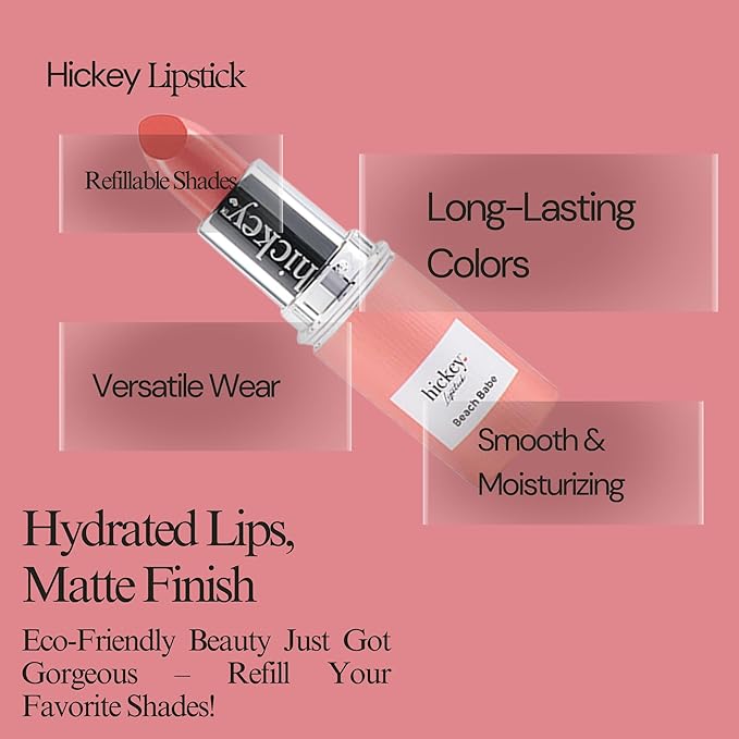 Hickey Lipstick Refill – Beach Babe (Coral), Hydrating Jojoba Oil, Vegan