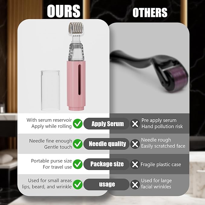 Derma Roller with Liquid Reservoir, Quick Serum Applicator for Lips, Skin, Hair, Wrinkles, Easy to Use Micro Needle Roller Without Serum, 105 Titanium Needles 0.25 mm (PINK)