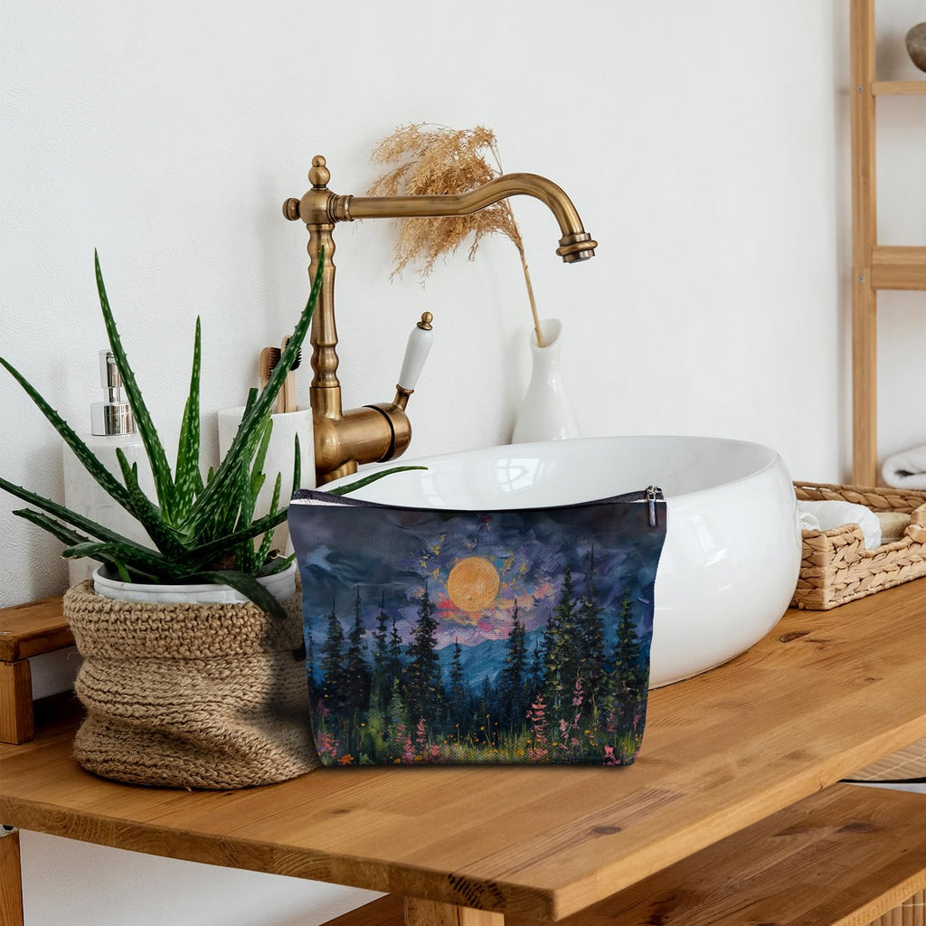 Zomhix Full Moon Above the Wildflowers Makeup bag, Cottagecore Accessories Cosmetic Bag, Cottagecore Gifts, Mystical Under Cold Moons Scenic Cosmetic Bag Toiletry Bag