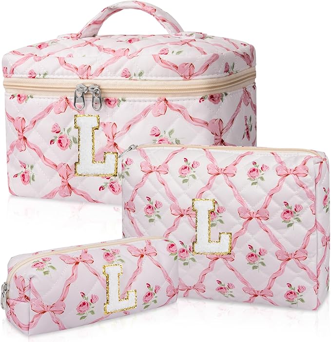 Junesters Personalized Initial Makeup Bag Set, Quilted Makeup Bag, Large Floral Cosmetic Bag for Women, Cute Cotton Custom Make up Bags, Flower Travel Toiletry Bag Teen Girl Gift Trendy Stuff Gift L