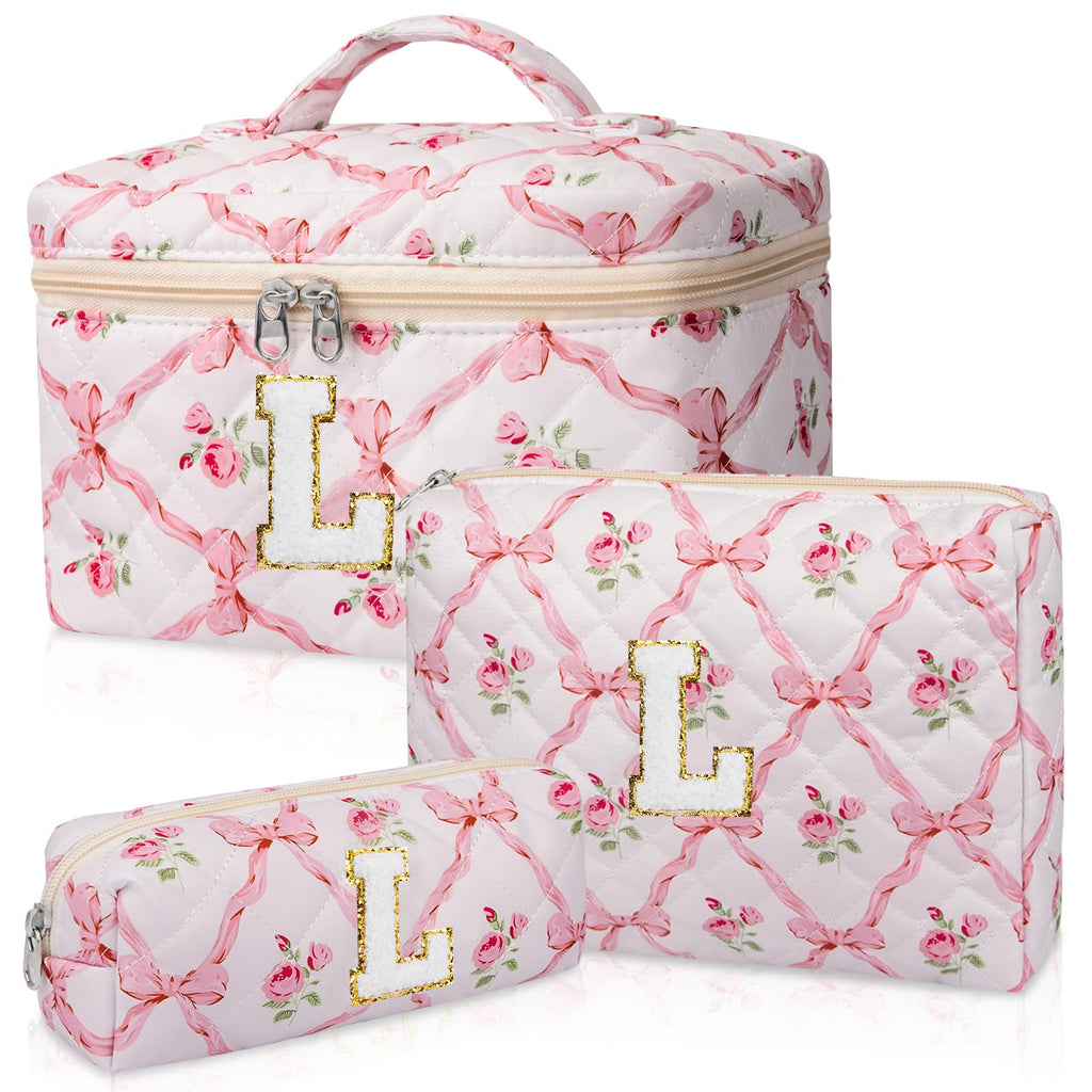 Junesters Personalized Initial Makeup Bag Set, Quilted Makeup Bag, Large Floral Cosmetic Bag for Women, Cute Cotton Custom Make up Bags, Flower Travel Toiletry Bag Teen Girl Gift Trendy Stuff Gift L