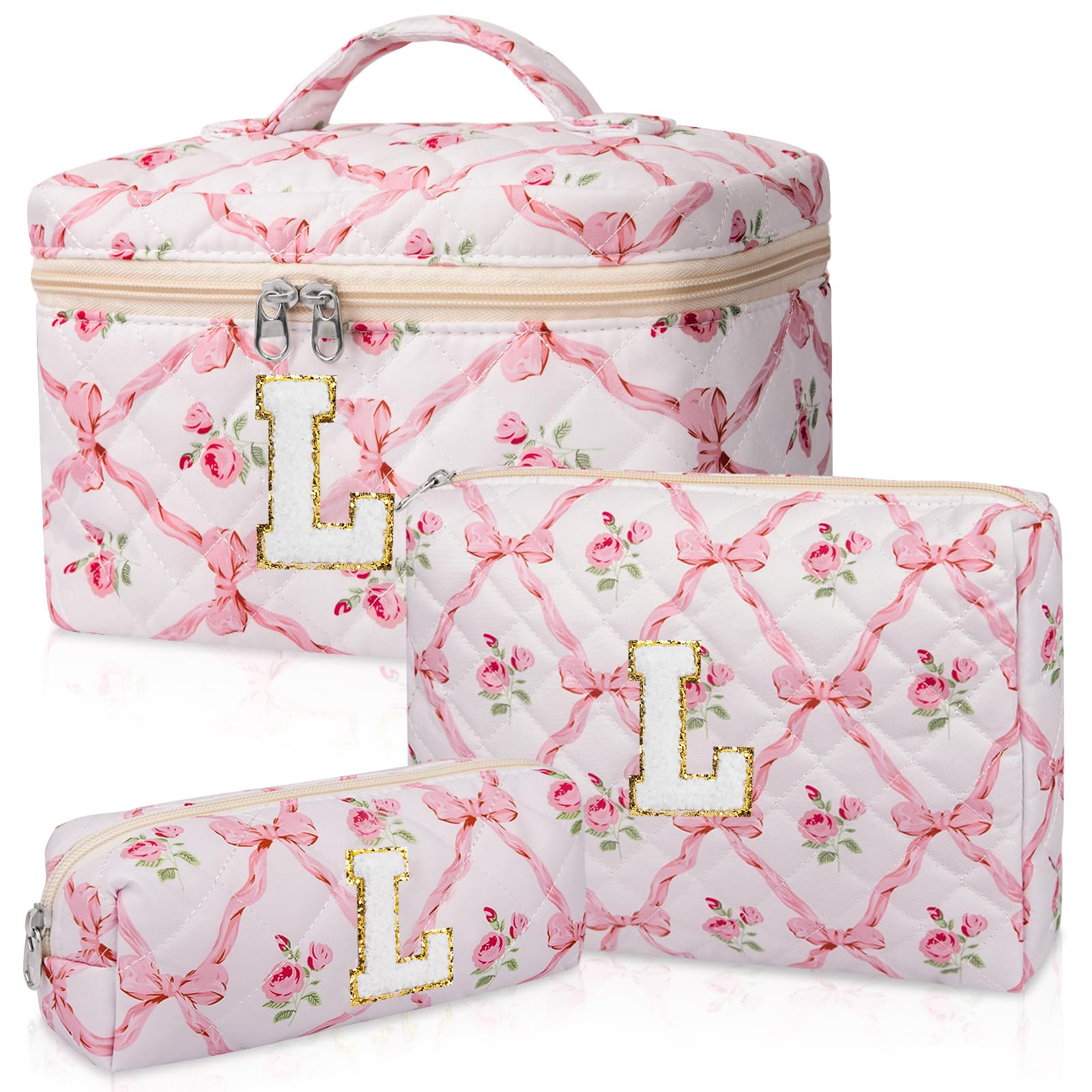 Junesters Personalized Initial Makeup Bag Set, Quilted Makeup Bag, Large Floral Cosmetic Bag for Women, Cute Cotton Custom Make up Bags, Flower Travel Toiletry Bag Teen Girl Gift Trendy Stuff Gift L