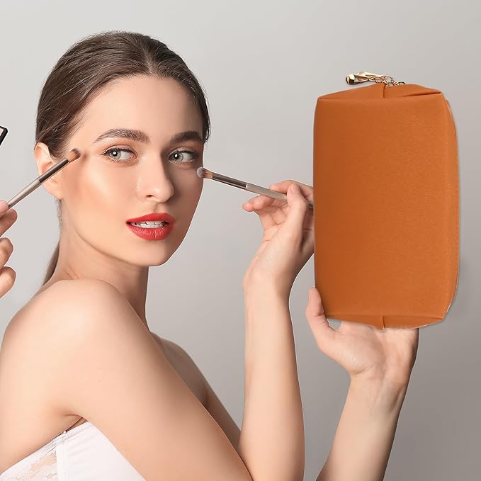 Sanwuta 9 Pcs Makeup Bags Bulk Bridesmaid Proposal Gifts Cosmetic Bags Preppy PU Leather Double Zipper Toiletry Pouch Portable Travel Organizer Case for Women Bachelorette Gift(Brown Series)