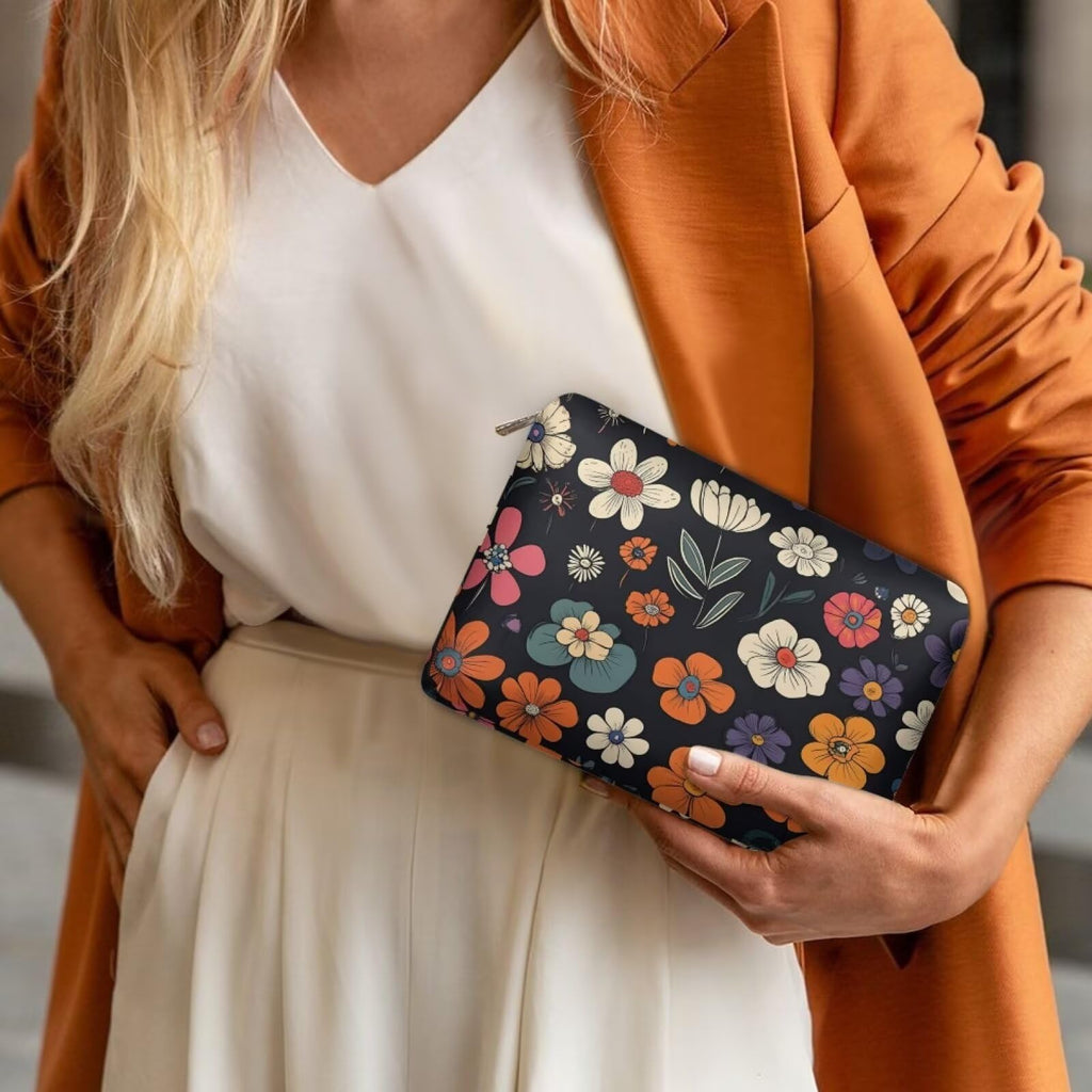 COEQINE Leather Cosmetic Purses for Women Large Capacity Floral Makeup Travel Bag With Zipper Portable Soft Pu Cosmetic Purse for Women Casual formal Wedding Handbag Cosmetic Travel Storage Bag