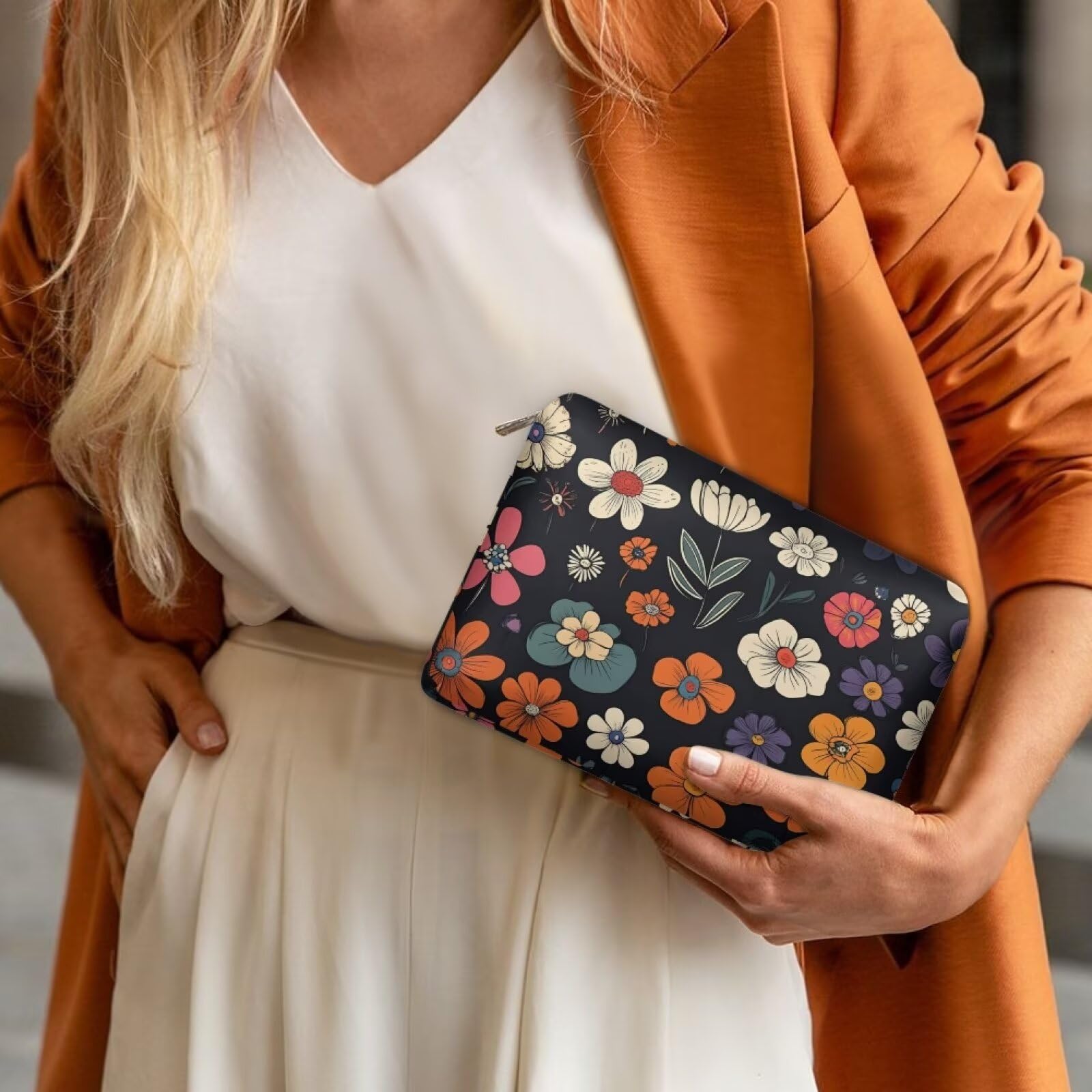 COEQINE Leather Cosmetic Purses for Women Large Capacity Floral Makeup Travel Bag With Zipper Portable Soft Pu Cosmetic Purse for Women Casual formal Wedding Handbag Cosmetic Travel Storage Bag