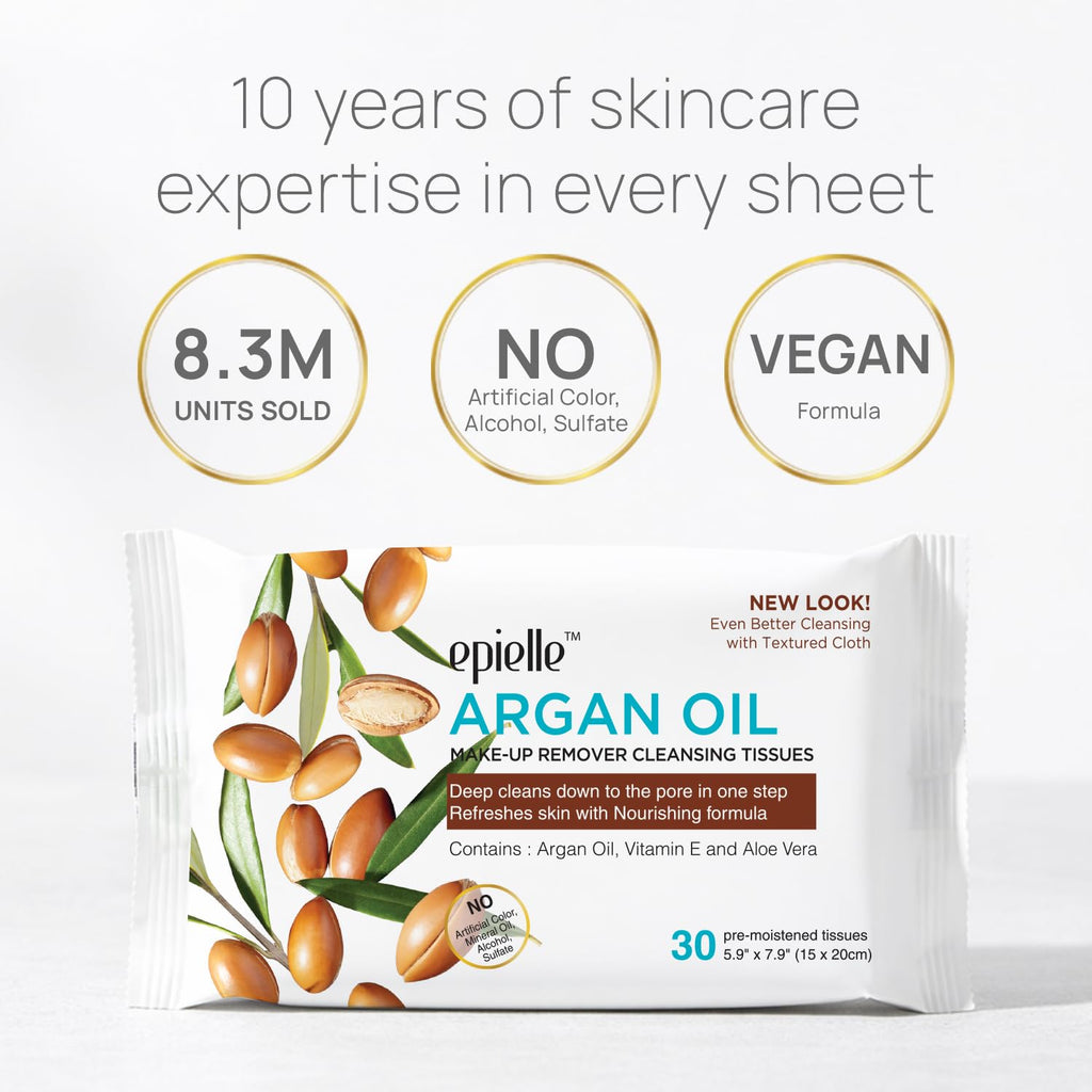 Epielle Argan Oil Makeup Remover Wipes, Gentle Daily Facial Cleanser Towelettes, Remove Dirt, Oil & Waterproof Mascara, Hypoallergenic & Alcohol-Free, 30 Count (Pack of 6)