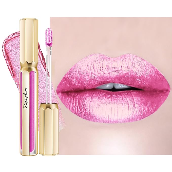 Depuplum Pink Lipsticks for Women Metallic Glitter Lipstick Long Lasting