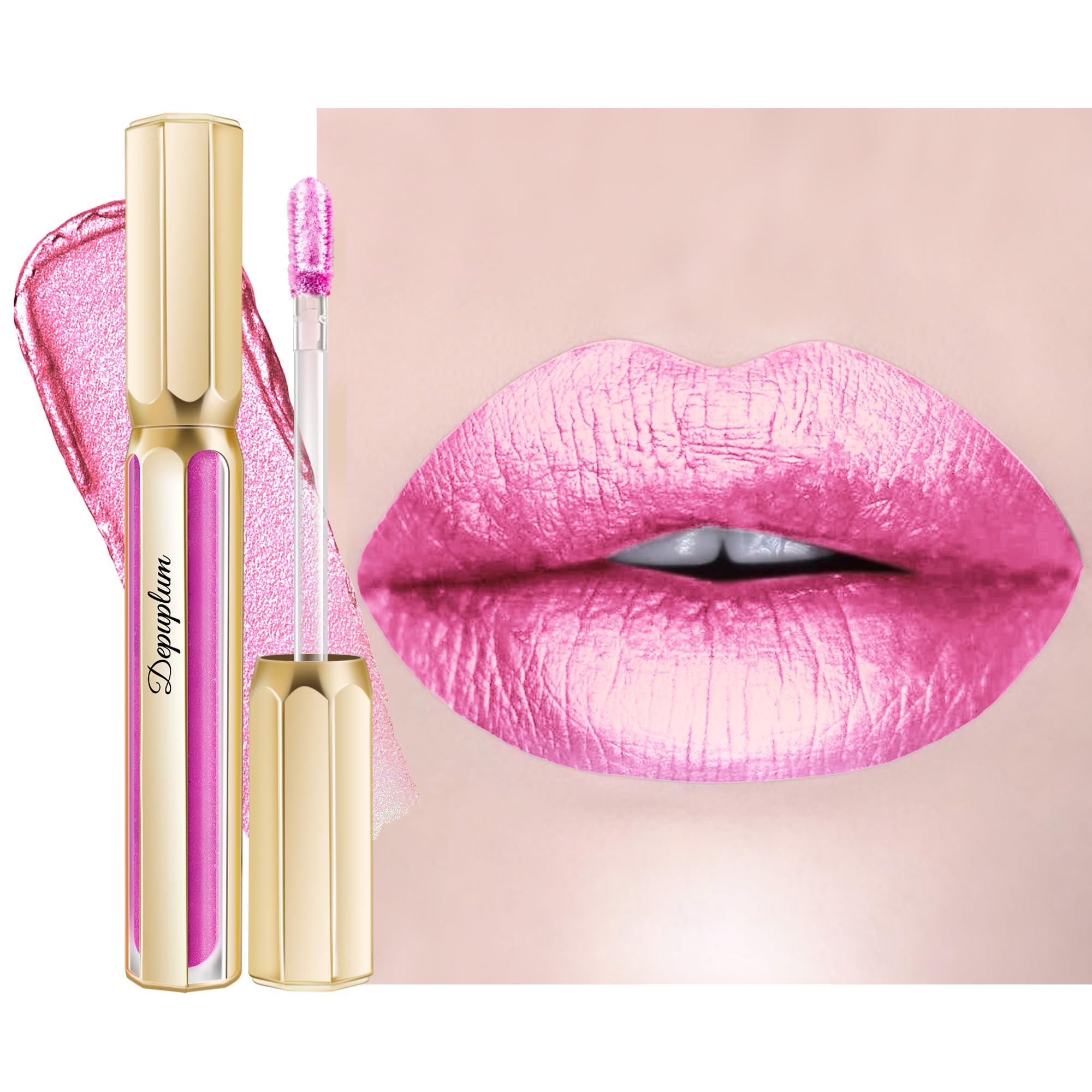 Depuplum Pink Lipsticks for Women Metallic Glitter Lipstick Long Lasting