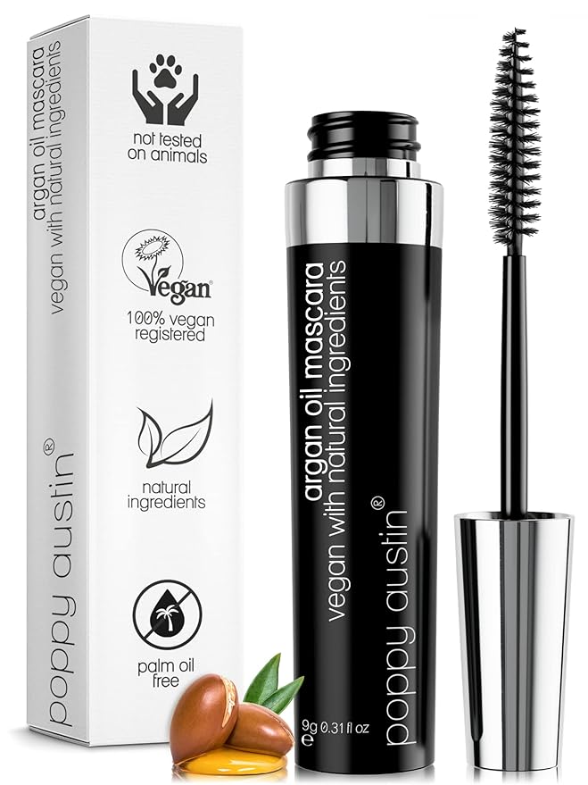 Poppy Austin Organic Waterproof Mascara, Natural, Vegan, Paraben-Free, Cruelty-Free - Hypoallergenic Mascara Lengthening & Volumizing with Argan Oil - 0.31 Fl Oz (Black)