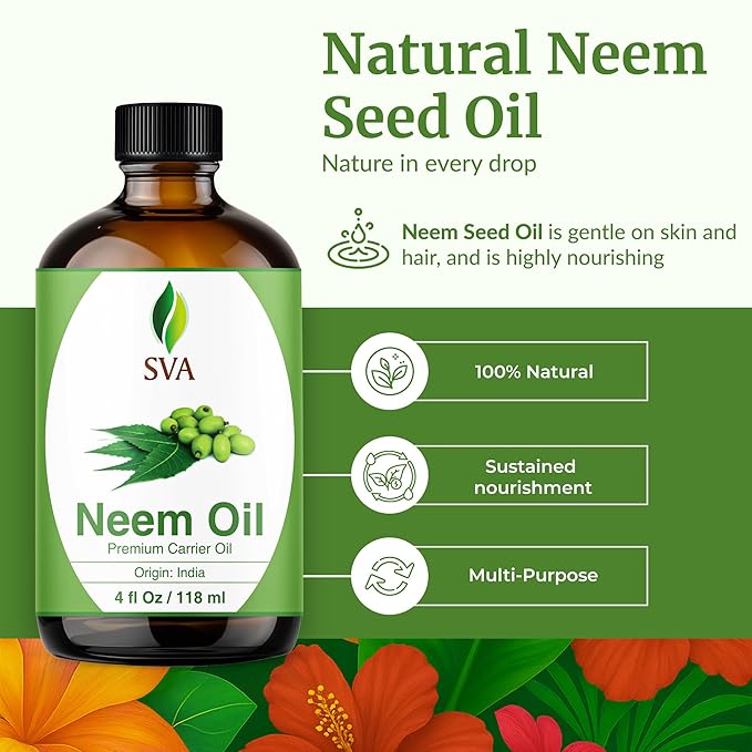 SVA Neem Seed Oil 4 Fl Oz - for Face, Skin Care, Hair Care, Scalp Massage & Body Massage – Carrier Oil with Dropper