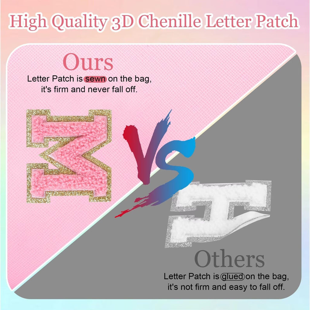 HENGNI Small Personalized Glitter Initial Letter Makeup Bag, Cute PU Leather Chenille Letters Cosmetic Bag Travel Makeup Pouch, Preppy Travel Organizer Zipper Pouch for Women&Girls（PinkPink-Y）