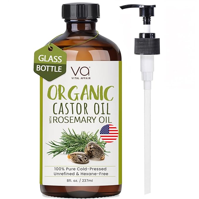 Organic Castor Oil with Rosemary Oil 8oz Glass Bottle For Hair Growth