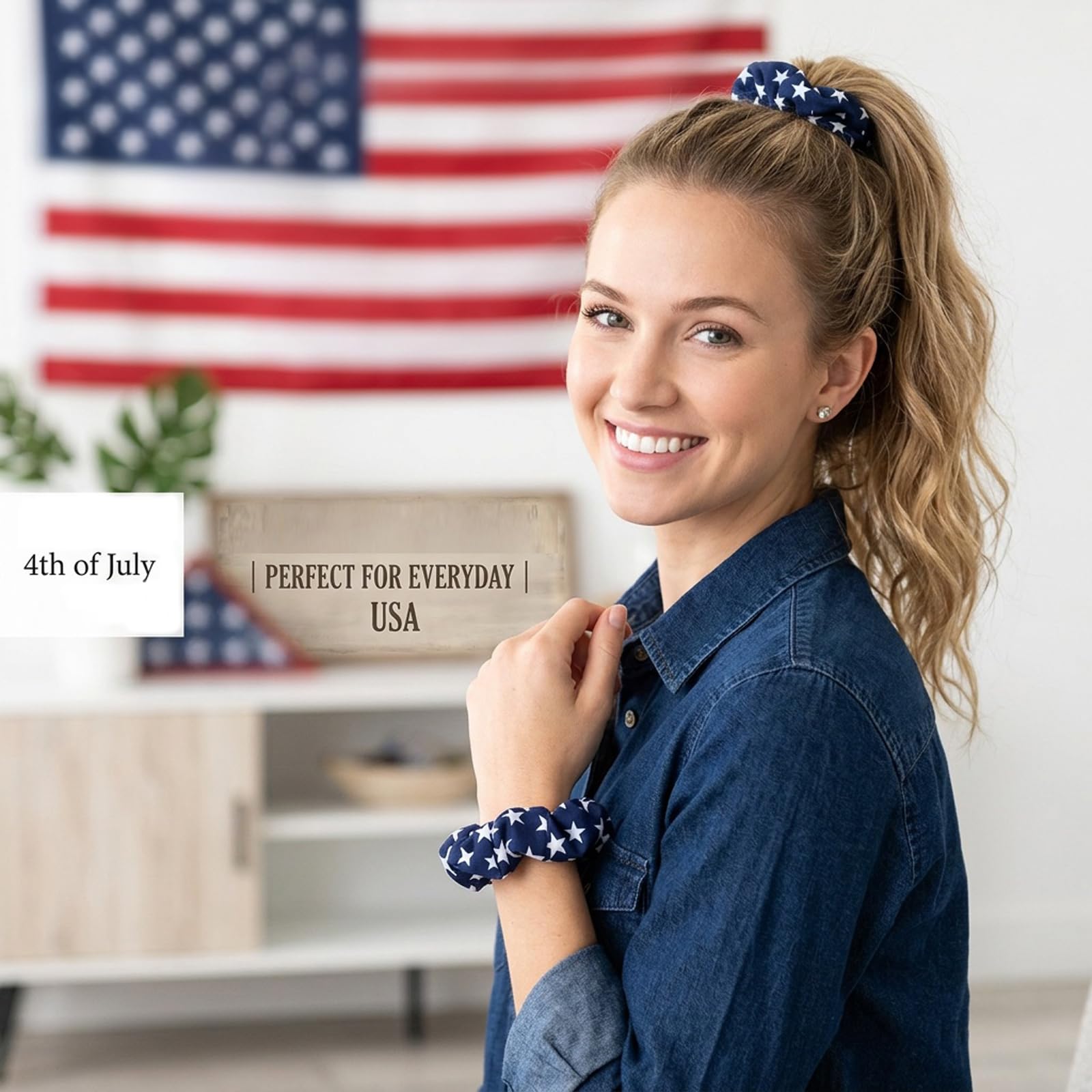 American Flag Elastic Hair Ties for Women Girls Kids Independence Day 4th of July Hair Scrunchies Red White Blue Star Patriotic USA Hair Tie Pony tails Hair Accessories