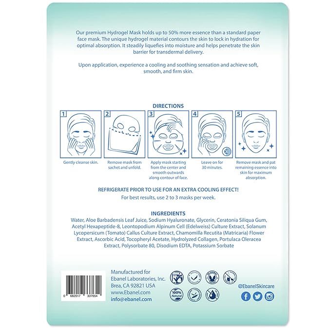 Ebanel 5-Pack Hydrogel Collagen Face Mask with Hyaluronic Acid, Peptide