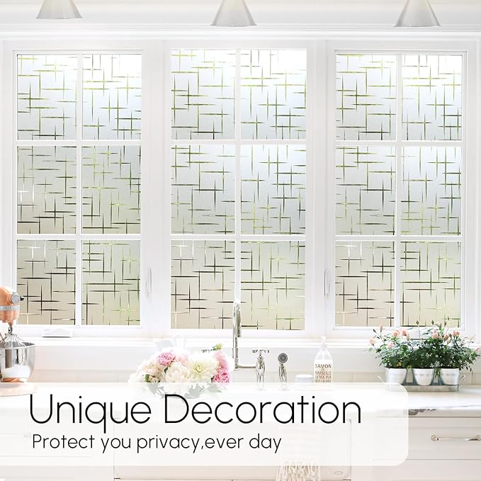 HIDBEA Window Privacy Film, Decorative Staic Cling Frosting Film, Heat Control UV Blocking Non-Adhesive Window Sticker for Home, Cross Pattern,29.5 X 78.7 Inches