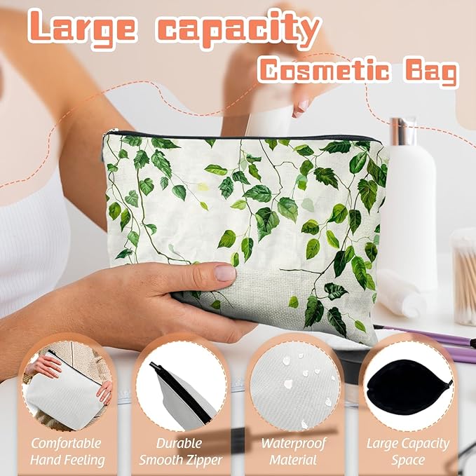 Scribesense Makeup Bag Travel Cosmetic Bags Small Makeup Case Waterproof Zipper Pouch for Women Girls 7X9inches - Green Ivy Leaves Cascading on White