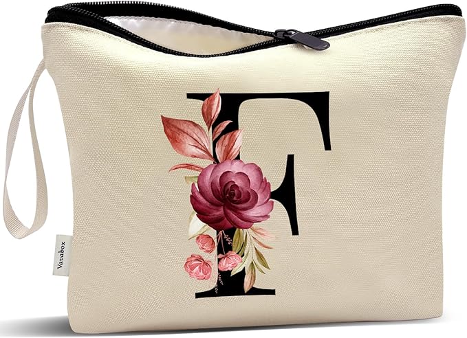 Vavabox A-Z Personalized Makeup Bag, Birthday Gifts for Women Mom, Gifts for Best Friend, Bride Bridesmaid Cosmetic bag (F, Cream Yellow)