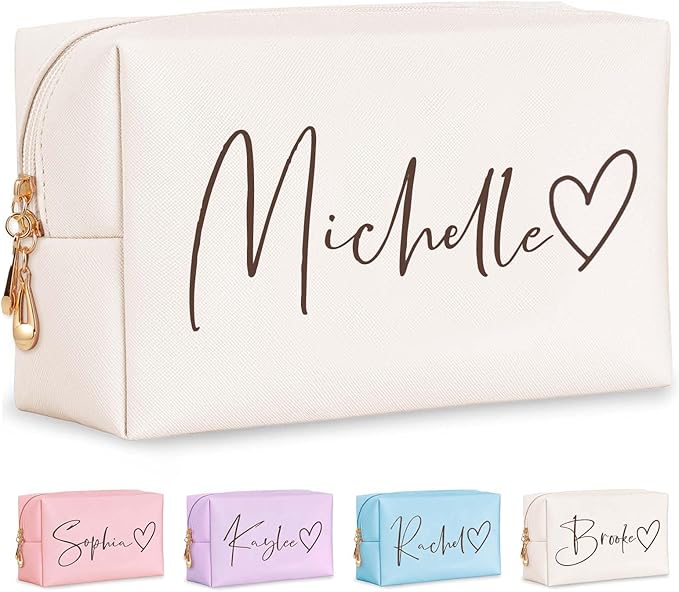 Fincekoom Personalized Makeup Bag with Name & Birth Flower, Custom Leather Cosmetic Bags for Women, Customized Travel Toiletry Bag Gifts for Bridesmaid Wedding