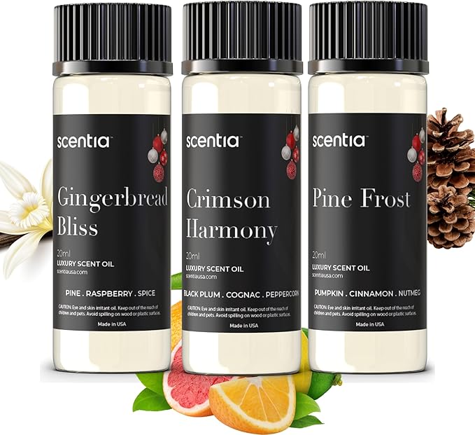 Scentia Cozy Pine Gingerbread Fragrance Oil Collection – Long Lasting Aromatherapy Diffuser Oil for Candles, Home & DIY Bakery Scents 3x20ml Discovery Set – (Perfect for Winter & Holiday)
