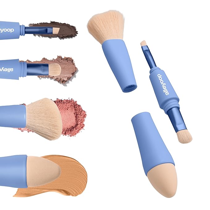 Makeup Brush Set Alleyoop Multi-Tasker 4-in-1 Travel Make Up Brush Set – Compact Makeup Brushes for Foundation, Blush, Bronzer, Contour, Eyeshadow, Brows & Liner