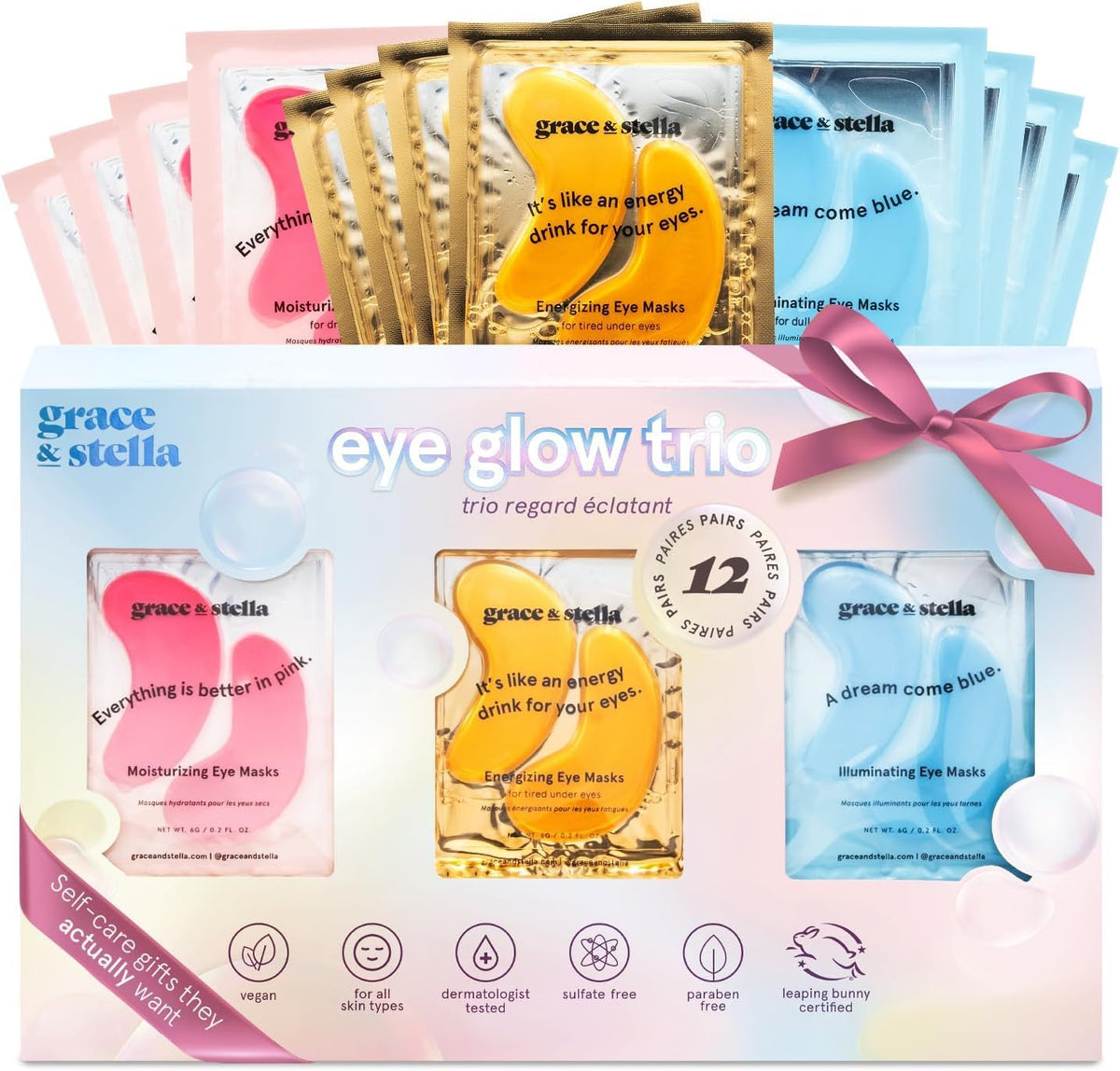 grace & stella Under Eye Mask - Reduce Dark Circles, Puffy Eyes, Undereye Bags, Wrinkles - Gel Under Eye Patches, Bulk Gifts for Women - Vegan Cruelty-Free Self Care (72 Pairs, Gold, Pink, & Blue)