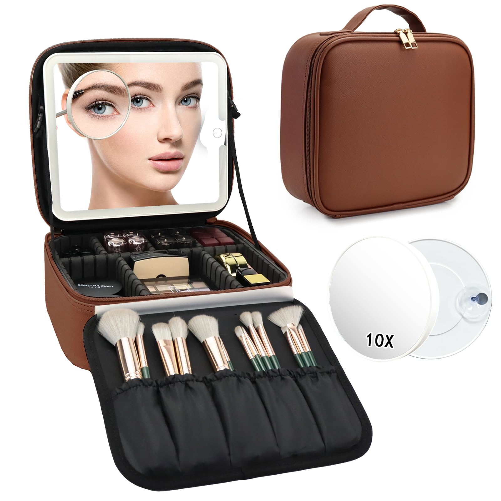 SLUMAZI Travel Makeup Bag with LED Mirror and 10x magnifying glass with 3 Lighted Settings, Adjustable Dividers and Makeup Brush Storage Bag Dark Brown