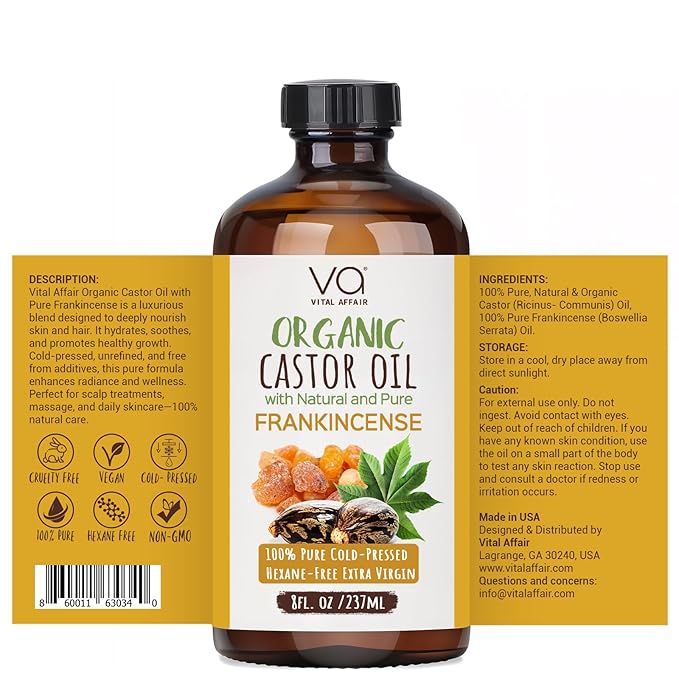 Organic Castor Oil with Frankincense Oil 8oz Glass Bottle For Face & Hair