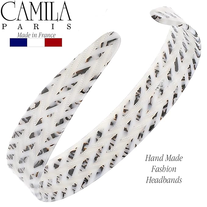 Camila Paris CP3465 French Headband for Women, Handmade White and Gray, Strong Hold Grip Women's Hair Band, Ligth and Very Flexible, No Slip Durable Styling Girls Hair Accessories, Made in France