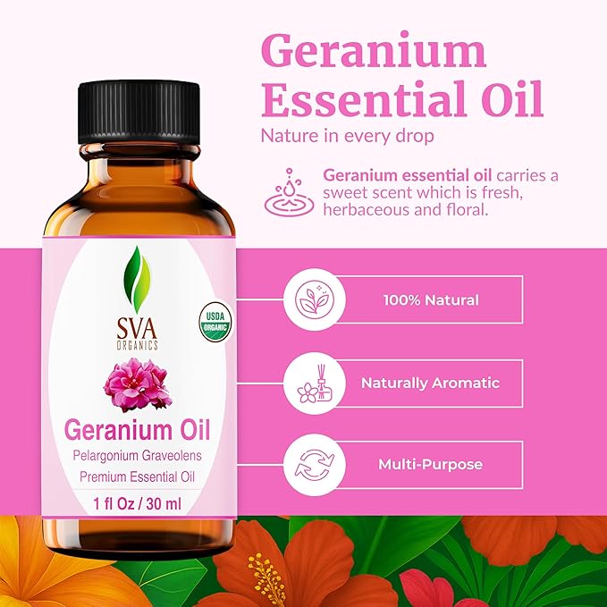 SVA Organic Geranium Essential Oil with Dropper, 1 Fl Oz (30 ml)