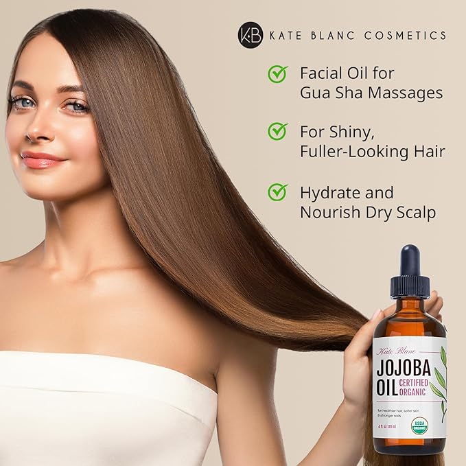 Kate Blanc Cosmetics Organic Jojoba Oil for Hair, Skin, Face, Nails (4oz) - USDA Certified, 100% Pure Cold Pressed Unrefined - Moisturizing Carrier Oil for Gua Sha, Dermaplaning, Body - Glass Bottle