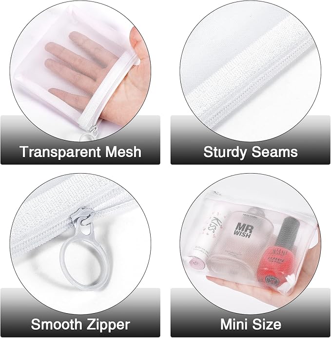 Fassave 8 Pack Mini Zipper Mesh Makeup Bags, Nylon Cosmetic Bags Toiletry Purse Travel Organizer Bags Inside Bag for Office Travel Organization (Widened-White, M)