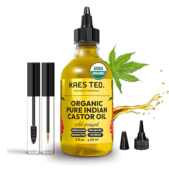 Kaes Teo Organic Castor Oil 100% Pure Cold Pressed 2 Fl Oz Extra Virgin Unrefined Hexane Free - USDA Certified Organic, Golden Castor oil for Face, Skin, Hair, Eyebrows - Boost Hair Growth