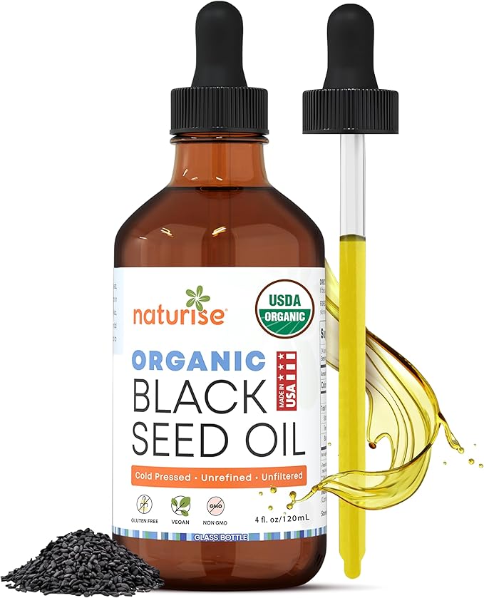 Naturise USDA Black Cumin Seed Oil Organic – Nigella Sativa Black Seed Oil Organic Cold Pressed & Unrefined in Glass Bottle – Vegan, Non-GMO Blackseed Nails & Hair Growth Oils (4 fl oz)