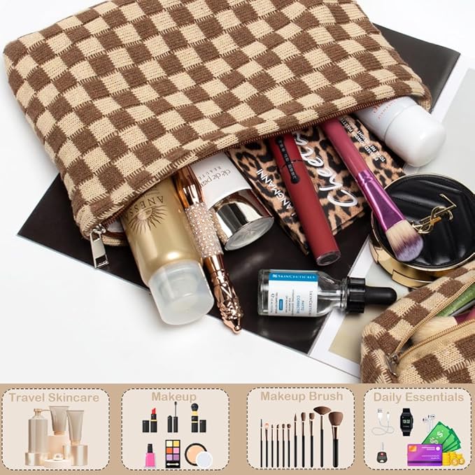 FFpaw 2 Pieces Makeup Bag Set, Small Brown Checkered Cosmetic Bag Travel Toiletry Organizer Mini Cosmetic Pouch Case Makeup Brushes Cute Quilted Aesthetic Accessories Storage Bag for Women