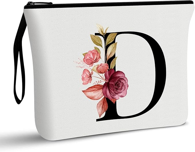 Vavabox A-Z Personalized Makeup Bag, Birthday Gifts for Women Mom, Gifts for Best Friend, Bride Bridesmaid Cosmetic bag (D, 01-White)