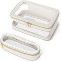 Soimeat Travel Clear Makeup Bag with Makeup Brush Bag, Leather Makeup Case Toiletry Bag, Portable Cosmetic Bag Case, Transparent Waterproof Cosmetic Organizer Storage Bag for Women, Medium, Off-White
