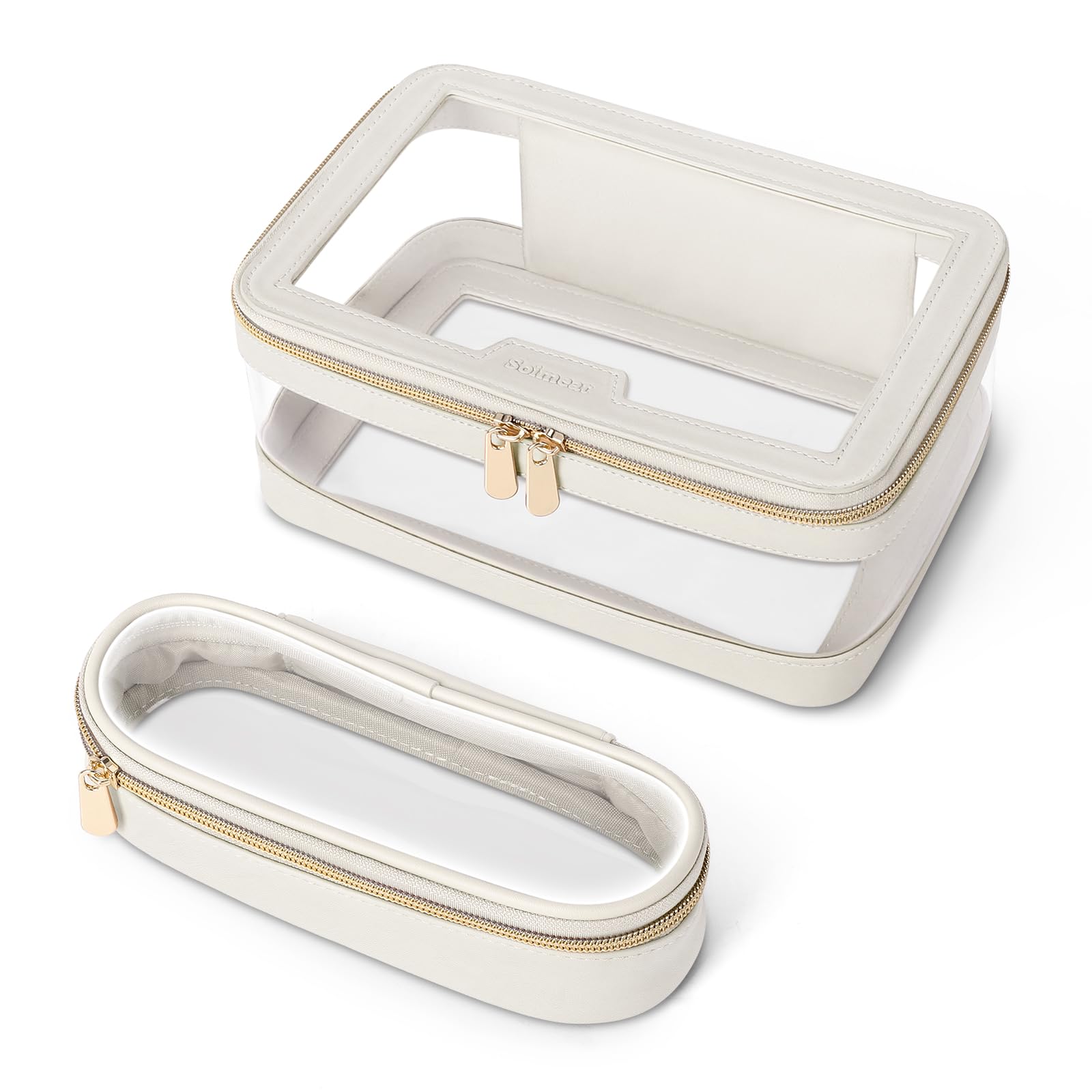 Soimeat Travel Clear Makeup Bag with Makeup Brush Bag, Leather Makeup Case Toiletry Bag, Portable Cosmetic Bag Case, Transparent Waterproof Cosmetic Organizer Storage Bag for Women, Medium, Off-White