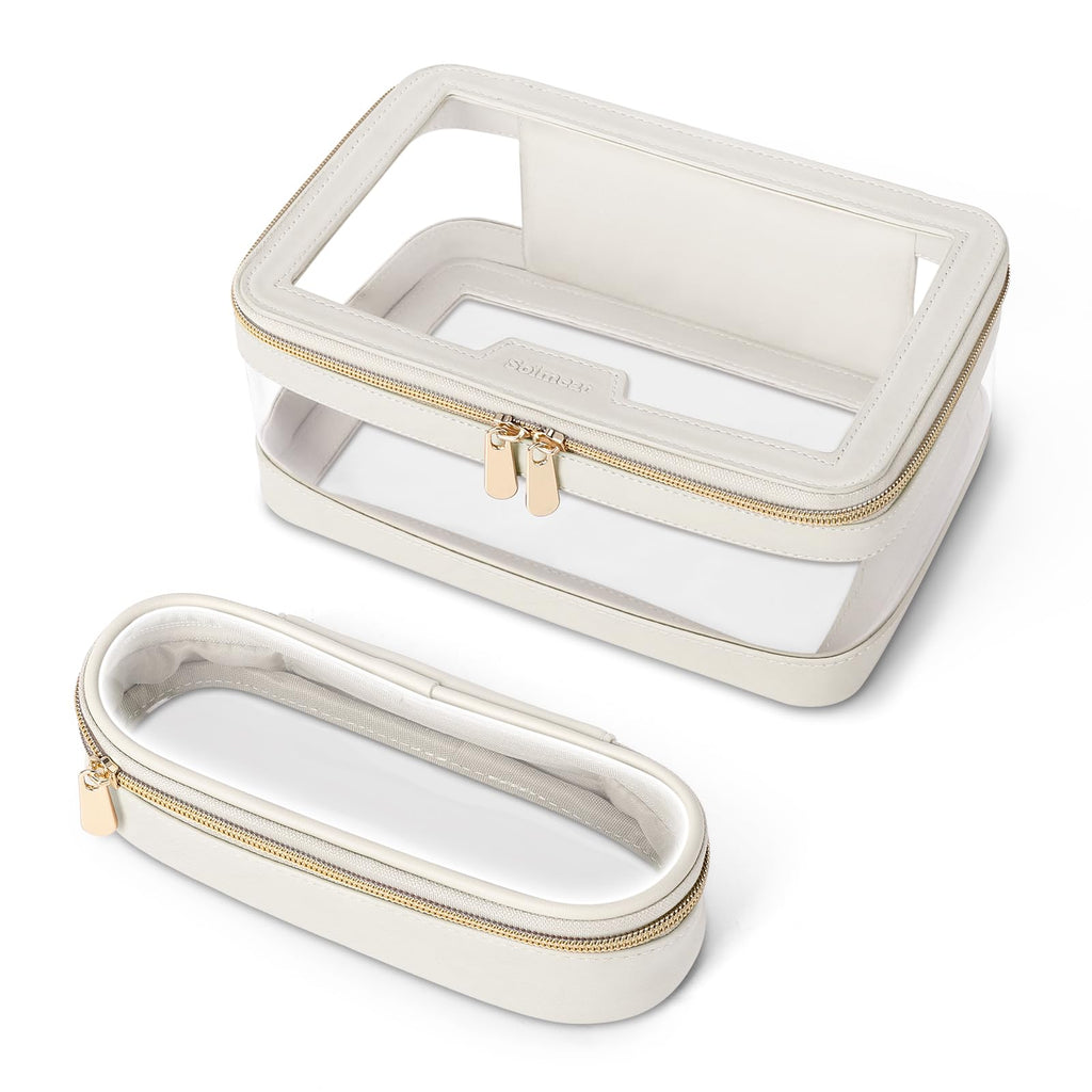 Soimeat Travel Clear Makeup Bag with Makeup Brush Bag, Leather Makeup Case Toiletry Bag, Portable Cosmetic Bag Case, Transparent Waterproof Cosmetic Organizer Storage Bag for Women, Medium, Off-White