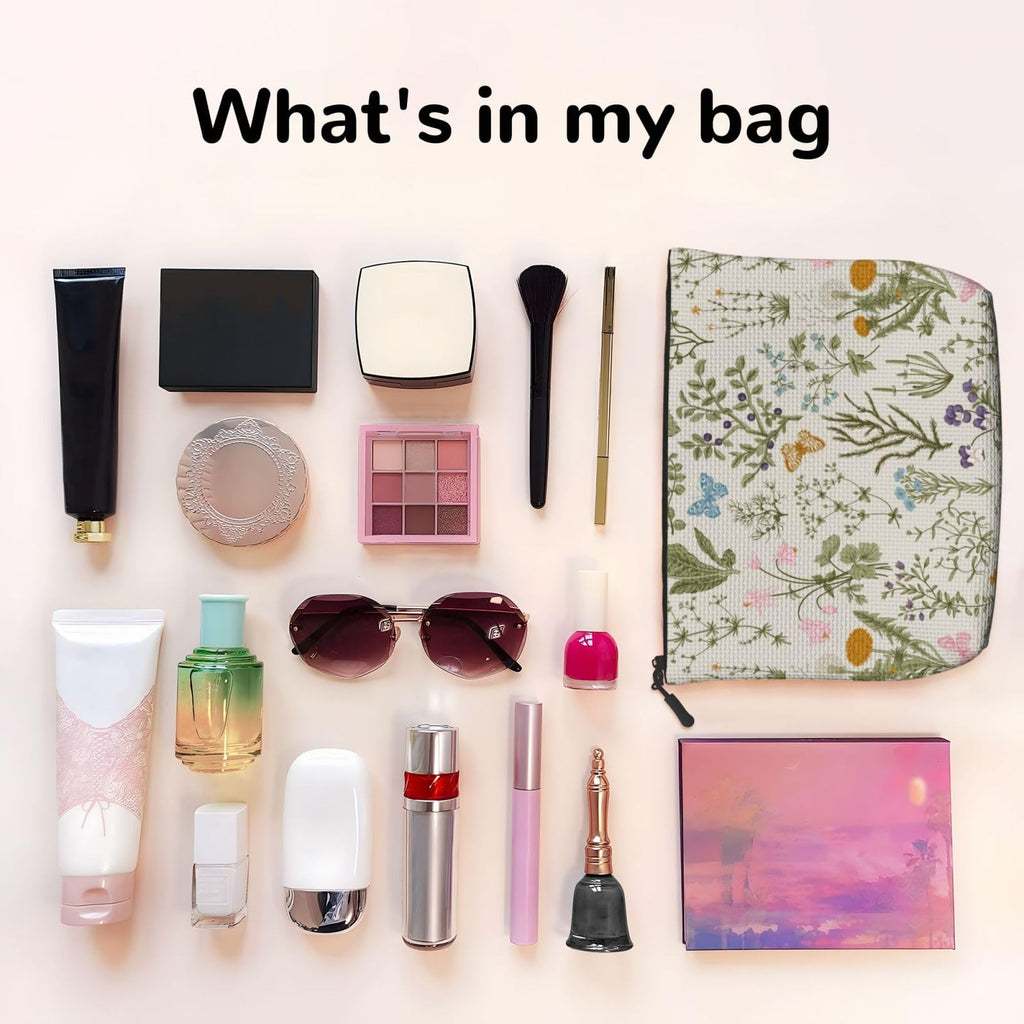 MOLAIGIN Vintage Color Plants Herbs Floral Butterfly Botanical Cosmetic Bag For Women, Travel Makeup Bag, Toiletry Zipper Bag, Large Capacity Aesthetic Cases