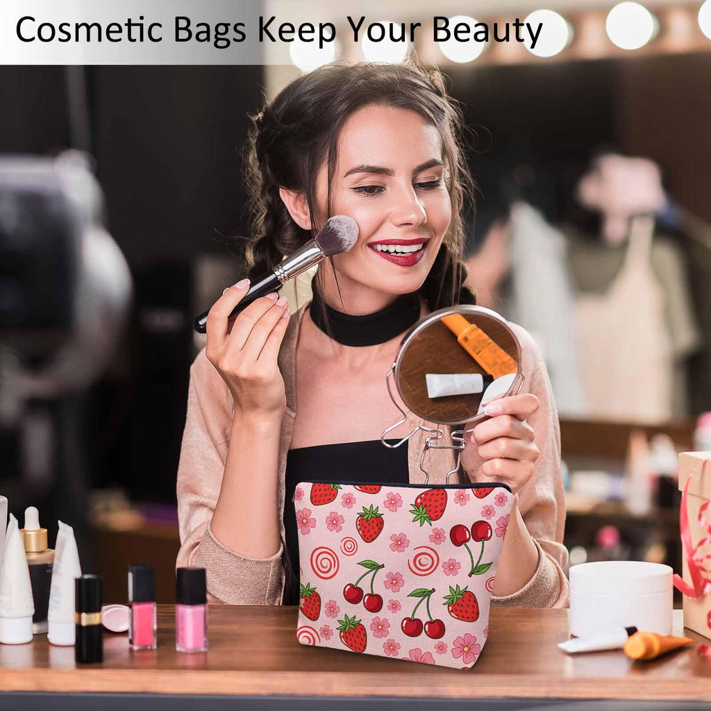 Kalygon Strawberry Makeup Bags Makeup Organizer, Summer Strawberries Cherries Pink Flax Toiletry Bags Travel Cosmetic Bag Makeup Purse Pouch Skincare Bag Wallet Bags For Women Female Mom Daughter