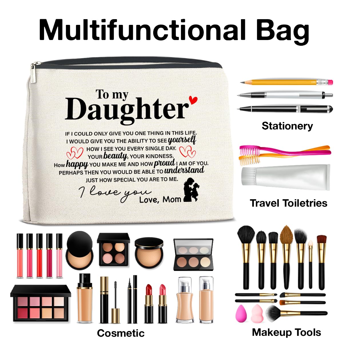 UPNEGE Makeup Bag Daughter Gifts from Mom, Gifts for Daughter Cosmetic Bag Zipper Makeup Pouch Gift for Christmas Birthday Graduation