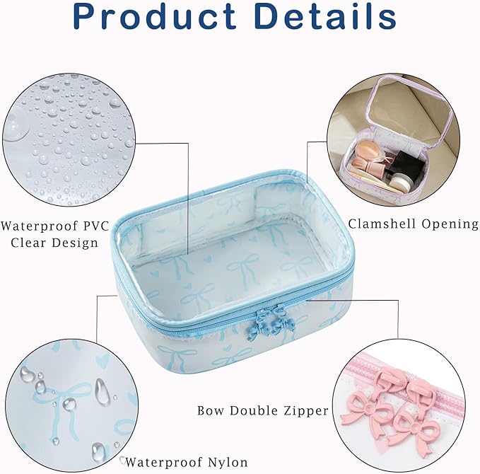 RSRSLEII Cute Clear Makeup Bag with Bow Pattern,Transparent Nylon Travel Cosmetic Case with Zipper,Portable Makeup Organizer Pouch for Essentials(02Blue)