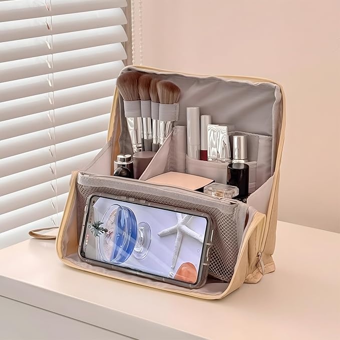 Makeup Bag,Standing Makeup Bag – Portable,Large Capacity Multi-purpose Large Capacity Oxford Cloth Standing Makeupbag Portable, Aterproof,Compartments and Handle (Purple)
