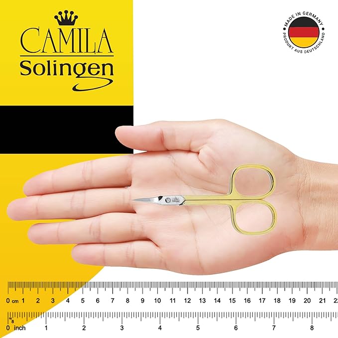 Camila Solingen CS04 Professional Nail Cuticle Scissors, Hypoallergenic Gold Plated Sharp Curved Manicure Pedicure Grooming for Finger and Toe Nail Care. Made of Carbon Steel in Solingen, Germany