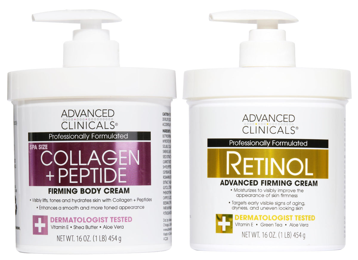 Advanced Clinicals Collagen Peptides Body Lotion + Hyaluronic Acid Moisturizer 2PC Skincare Set For Women & Men | Dry Skin Moisturizing Body Cream Helps Diminish Appearance Of Crepey Skin, 2PC Bundle