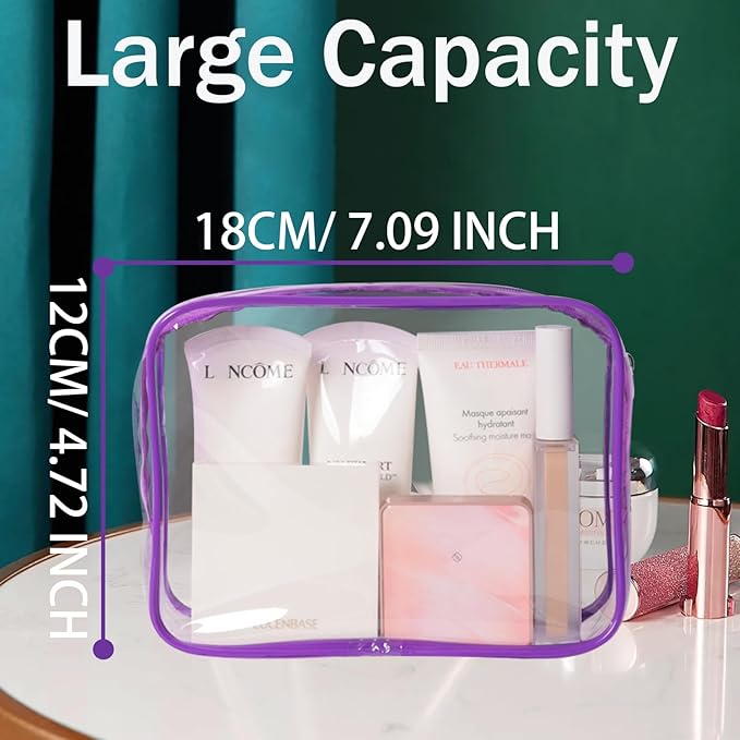 YOQIVEXU 12 Pack Clear Makeup Bag, TSA Approved Toiletry Bag Zippered Clear Cosmetic Pouch, Waterproof Vinyl Plastic Organizer Case for Travel Vacation Bathroom (Purple)