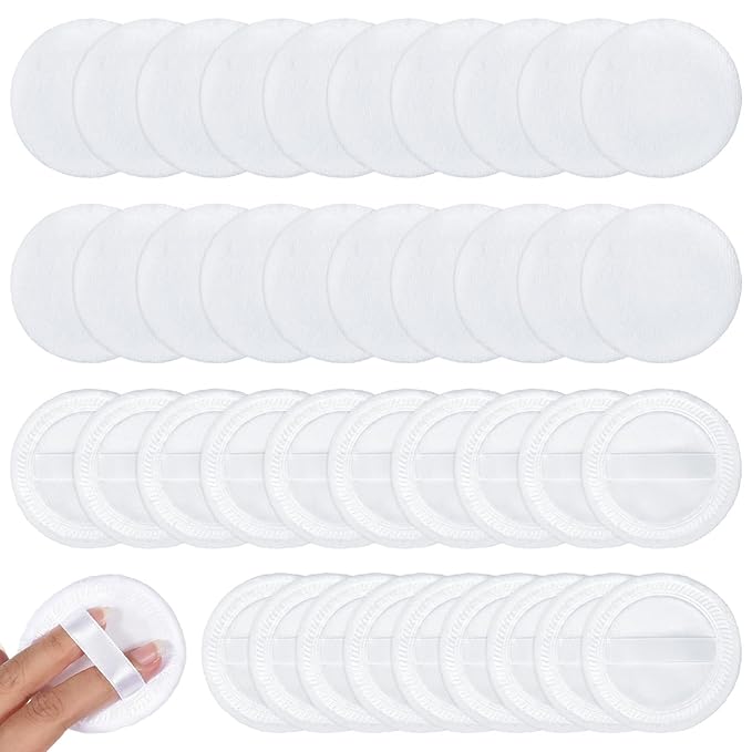 YBEATY 40PCS Cotton Makeup Puffs Pure Cotton Soft Washable Loose for Powders Foundation with Ribbon 2.36 Inch Round Makeup Dusting Powders Puff for Loose Body Wet Dry