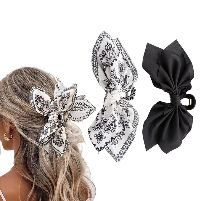 Hadutrek Bow Claw Clips Bow Hair Clips Black White Paisley 2PCS Big Hair Bows for Women Butterfly Styling Large Hair Clips for Thick Hair for Girls Hair Accessories for Teen Gifts for Ladies