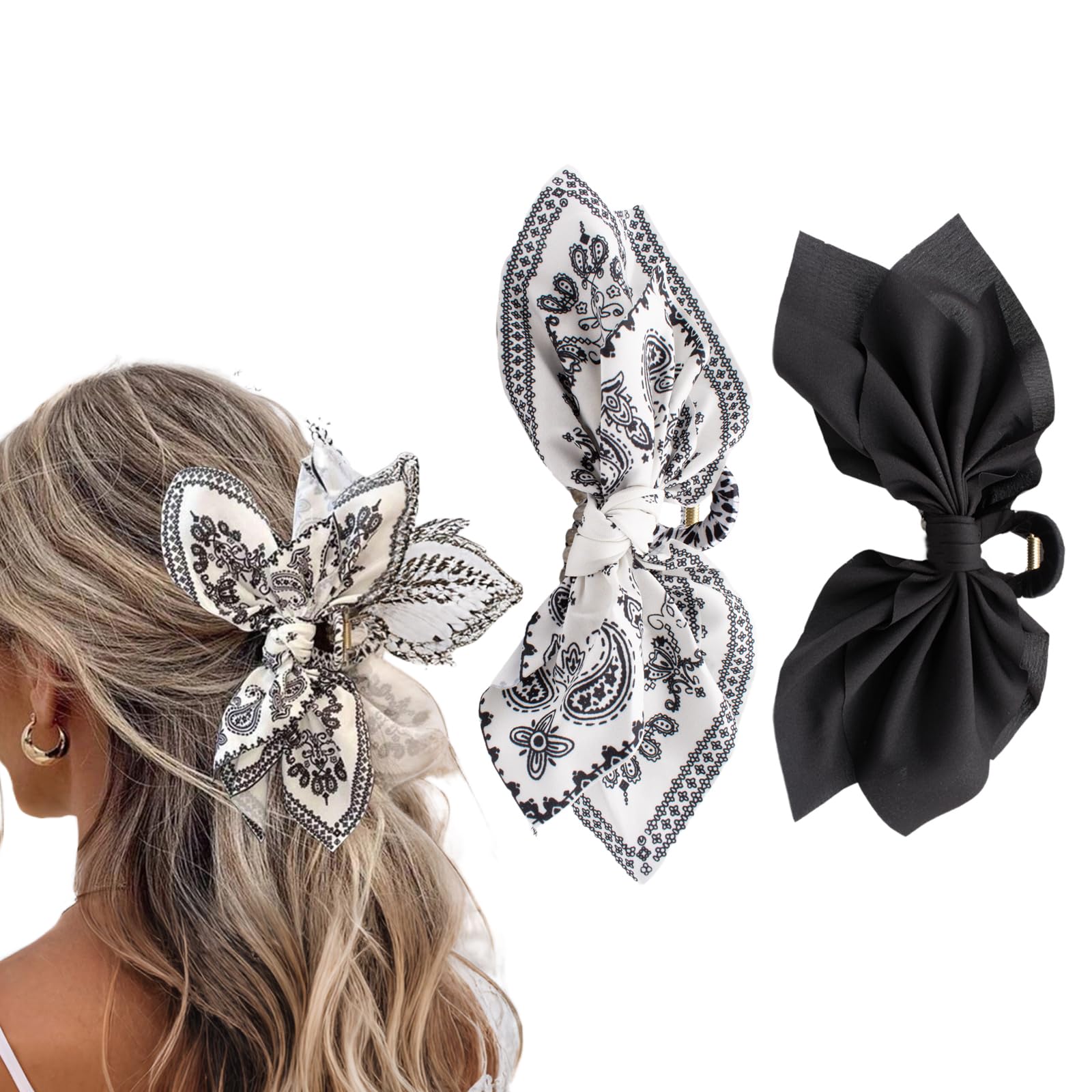Hadutrek Bow Claw Clips Bow Hair Clips Black White Paisley 2PCS Big Hair Bows for Women Butterfly Styling Large Hair Clips for Thick Hair for Girls Hair Accessories for Teen Gifts for Ladies